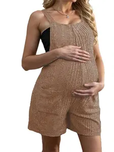 DANLIEN Women's Maternity Knit Jumpsuits Shorts Solid Color Ribbed Overalls Shorts Sleeveless One Piece Outfit Pregnancy Romper Bodysuit Playsuit With Pockets