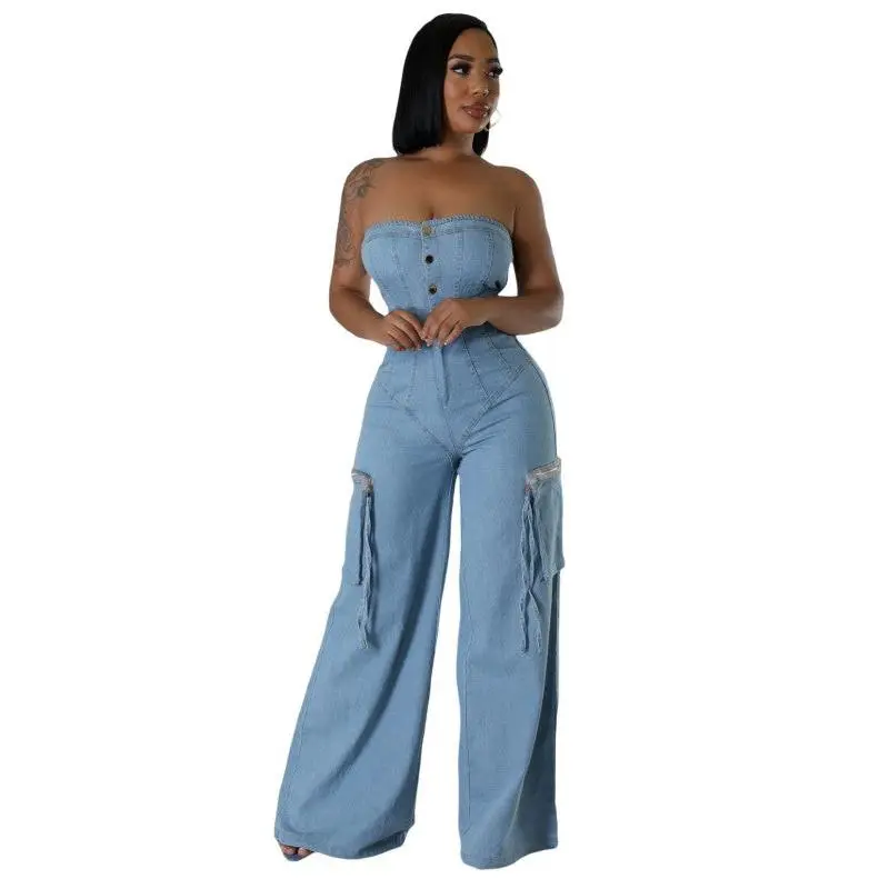 Women's Strapless Scoop Neck Sleeveless Denim Overalls - Corset Front Button-Up Bodice, Straight-Cut Wide Leg with Pockets