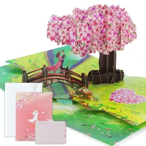 3D Pop-Up Anniversary Card - Cherry Blossom Bridge with Couple Design | Wedding Card for Wife, Husband, Girlfriend, Ideal Birthday, Valentine's Gift