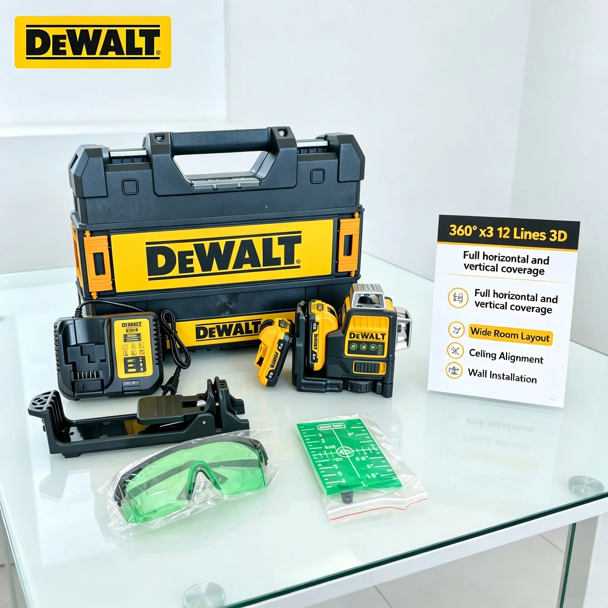 DEWALT DW089LG 3 x 360° Green Self-Leveling Cross-Line Laser Level Kit, 2mm High Precision, IP65 Dust & Water Resistant, Full Accessory Heavy-Duty Tool for Construction Pros, Tile Layout, Indoor Outdoor Use