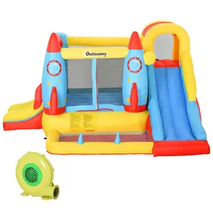 Bounce House Waterslide for Kids & Adults,Inflatable Bouncer Jumper Slide,Waterslide Inflatable,Outsunny Kids Inflatable Water Slide Bounce House, 4-in-1 Bounce House Jumping Castle with 2 Slides, Climbing Wall, Trampoline, & Water Pool Area, Air Blower