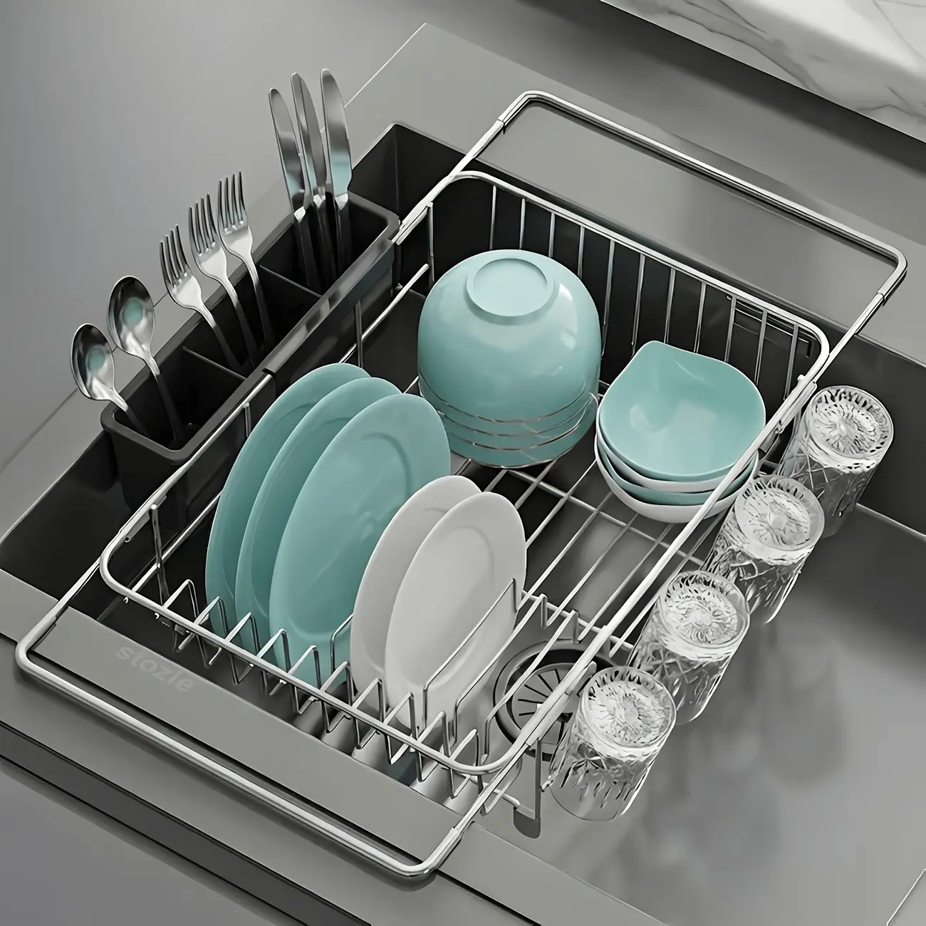 Stainless Steel Dish Drying Rack & Over-The-Sink Colander Strainer Basket with Expandable Rubber Grip - Heavy-Duty Sink-Mounted Rack for Dish Drainer, Vegetable Washing, Space-Saving Kitchen (for Home)