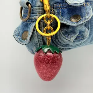 Glitter Strawberry Keychain – Sparkly Red Resin Fruit Charm with Green Top | Cute Bag Accessory with Silver Hardware