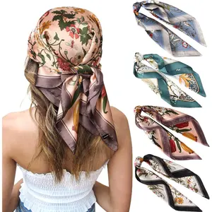 3/4 Pcs Satin Polyester Square Headscarf Plain Weave Floral Small Square Scarf Multi-Purpose Head Wraps for Women Fashion Accessories