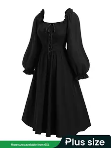 【Plus Size】 Lace Up Plicated Square Neck A Line Dress, Elegant Puff Sleeve Long Sleeve Dress for Party Holiday Wedding Guest, Lady Women's Clothes for Fall & Winter