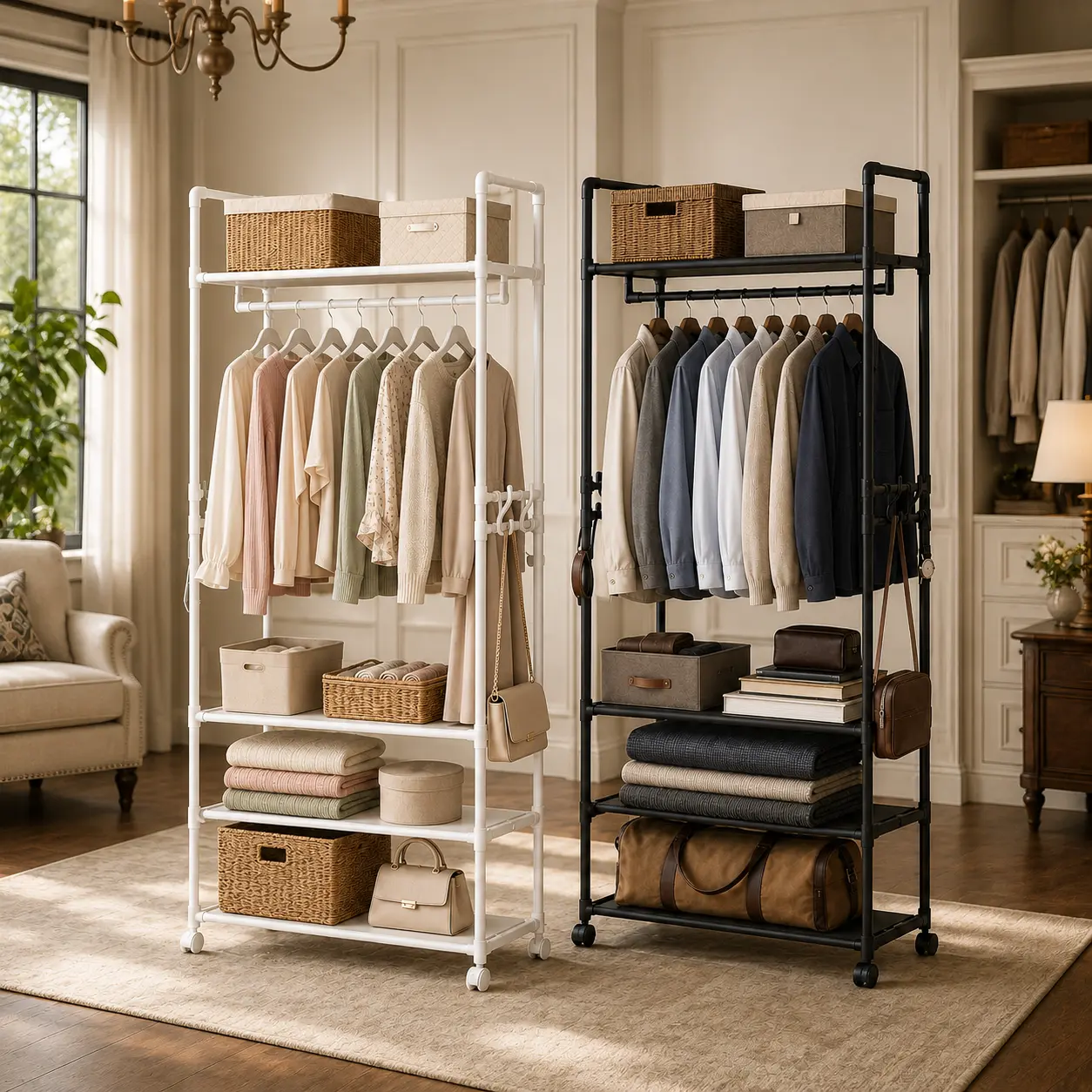 Carbon Steel Freestanding Clothes Drying Rack - Multi-Layer Storage Shelves, Wheels, Portable Space-Saving Organizer for Bedroom, Balcony - Black, White Color Options