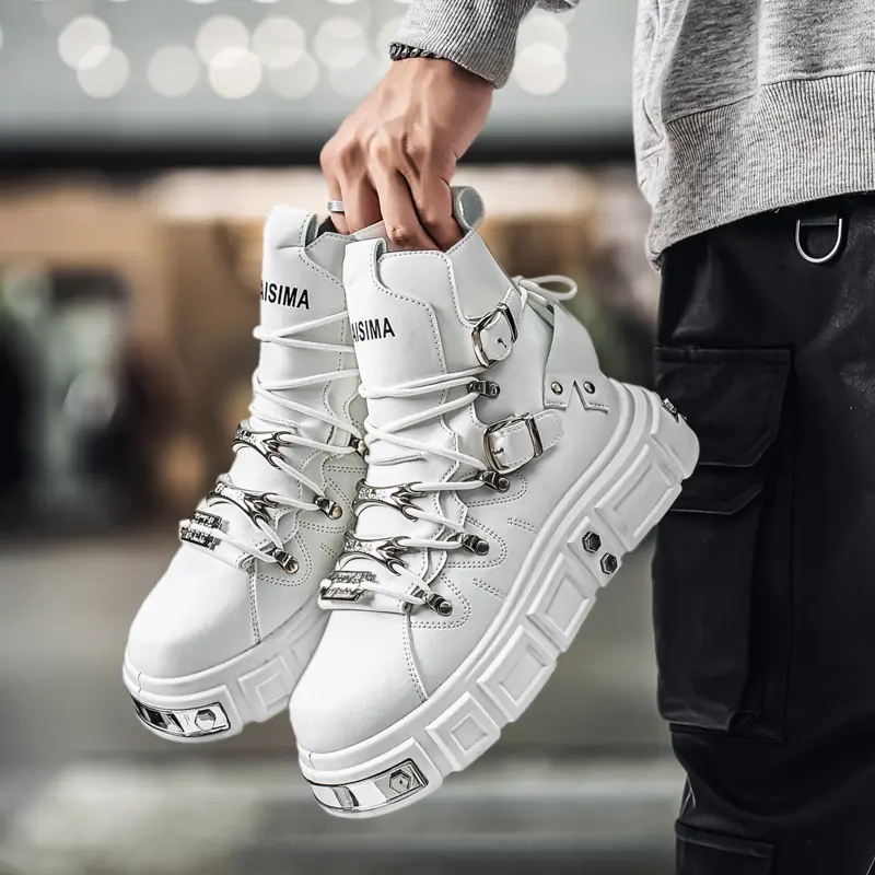 UYCEKK Men's Punk Style High-Top PU Leather Motorcycle Boots with a Thick Rubber Sole and Lace-Up Design for Casual Outfits, Footwear, Walking Shoes