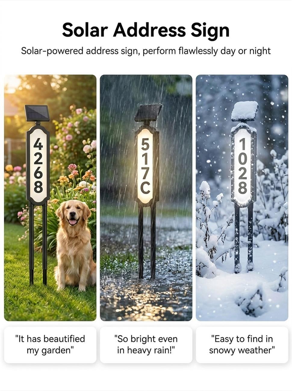 Solar Address Sign, Lighted House Numbers, Waterproof Solar Powered LED Address Plaque for Easy Delivery & Night Visibility, Outdoor Illuminated House Number Sign for Front Yard & Driveway, Wall-Mounted or Ground Stake, 3 Light Modes, #backtoschool