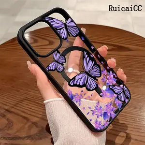 Premium Magnetic Phone Cases for iPhone11/12/13/14/15/16//17/Air/promax/Plus Flower Painting with Purple Butterflies y2k cased MagSafe Ready, Anti-Fall, Springtok and Ultra-Thin Design | Perfect for Everyday Use Protector Screen Protector Resistance