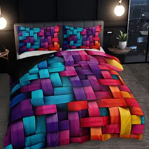 3PCS color geometric lattice quilt cover set (1 quilt cover + 2 pillowcases without pillow core), high definition printing in home dormitory