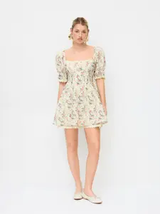 Cider Floral Square Neck Puff Sleeve Shirred Babydoll Mini Dress