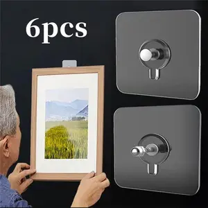 6Pcs PVC Strong Adhesive Nails Wall Poster Seamless Wall Hook Hangable Waterproof Durable Transparent Kitchen Bathroom Screw Hook Hanger Adhesive Wall Hooks