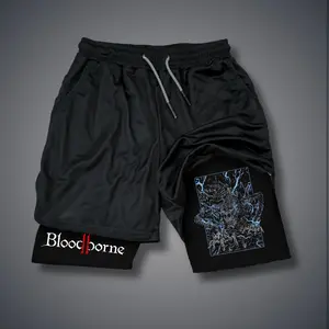 Bloodborne Game 80s 90s Double-Layer Sports Shorts Graphic Shorts Black Camo Streetwear Shorts Men Outfits Men Vacation Outfits Shorts