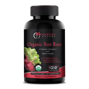 Blossom Nature Organic Beet Root Powder 1350mg with Black Pepper-Nitric Oxide Booster, Digestive System, Athletic Performance-120 Tablets,675mg of Organic Beet Powder per Tablet