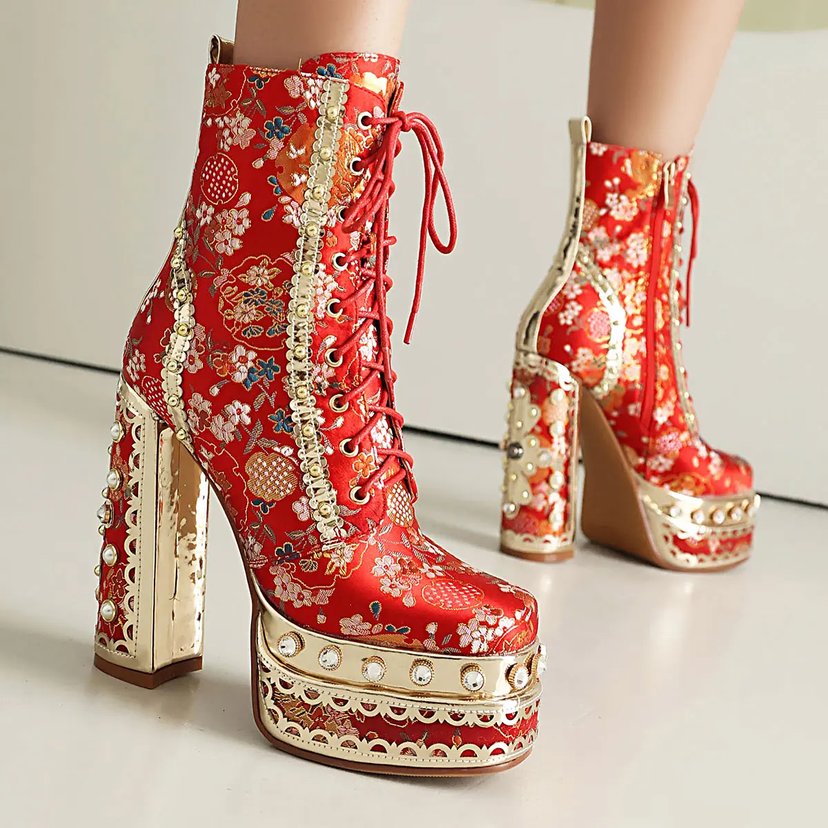 FEINLINA Women's Light Green Rhinestone-Decorated Floral Embellished Fabric Chunky High-Heel Ankle Boots with Ultra High Block Heel & Soft Fabric Lining boots for  women vivet boots