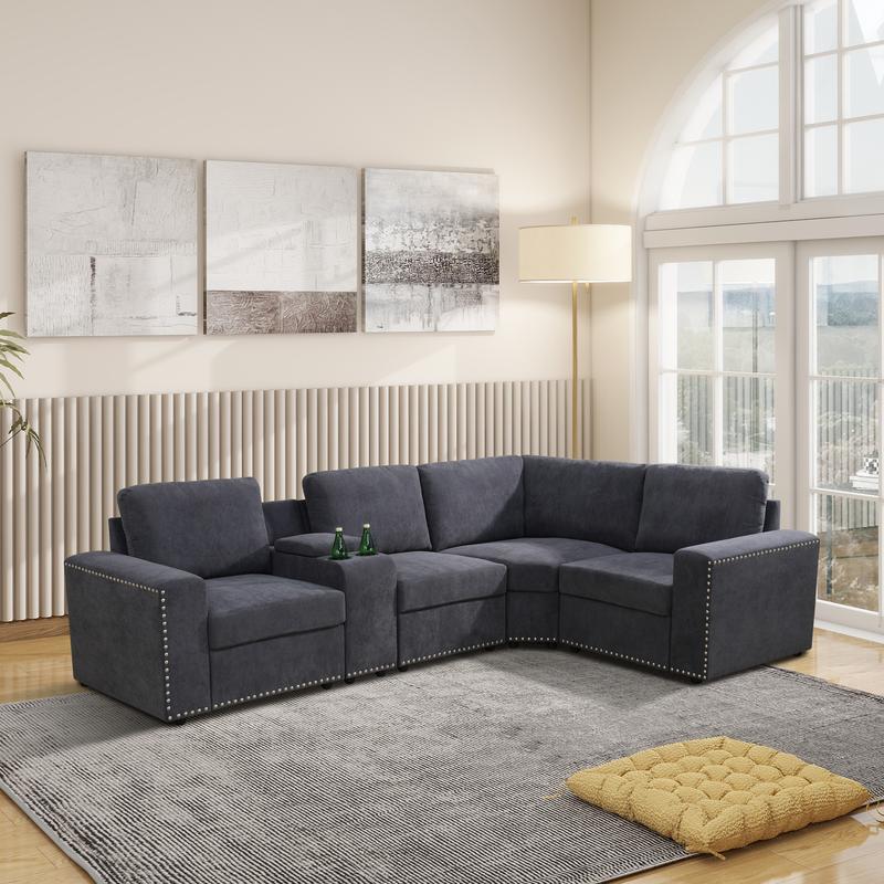 Dark Grey Corduroy 5-Piece Sofa Set - Modular Sectional for Living Room & Small Space