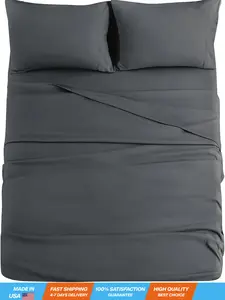 Bed Sheets Queen 4 Pieces, Dark Grey Sheet Set for Bedroom with Deep Pocket, Cooling Bed Sheets with 1 Flat Sheet, 1 Fitted Sheet & 2 Pillowcases