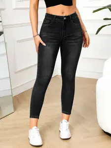 Women's Petite High-Waisted Elastic Belted Pocket Skinny Denim Jeans, Casual Slim Fit Ninth-Trousers, All-Season Wear, Elegant Daily Pants