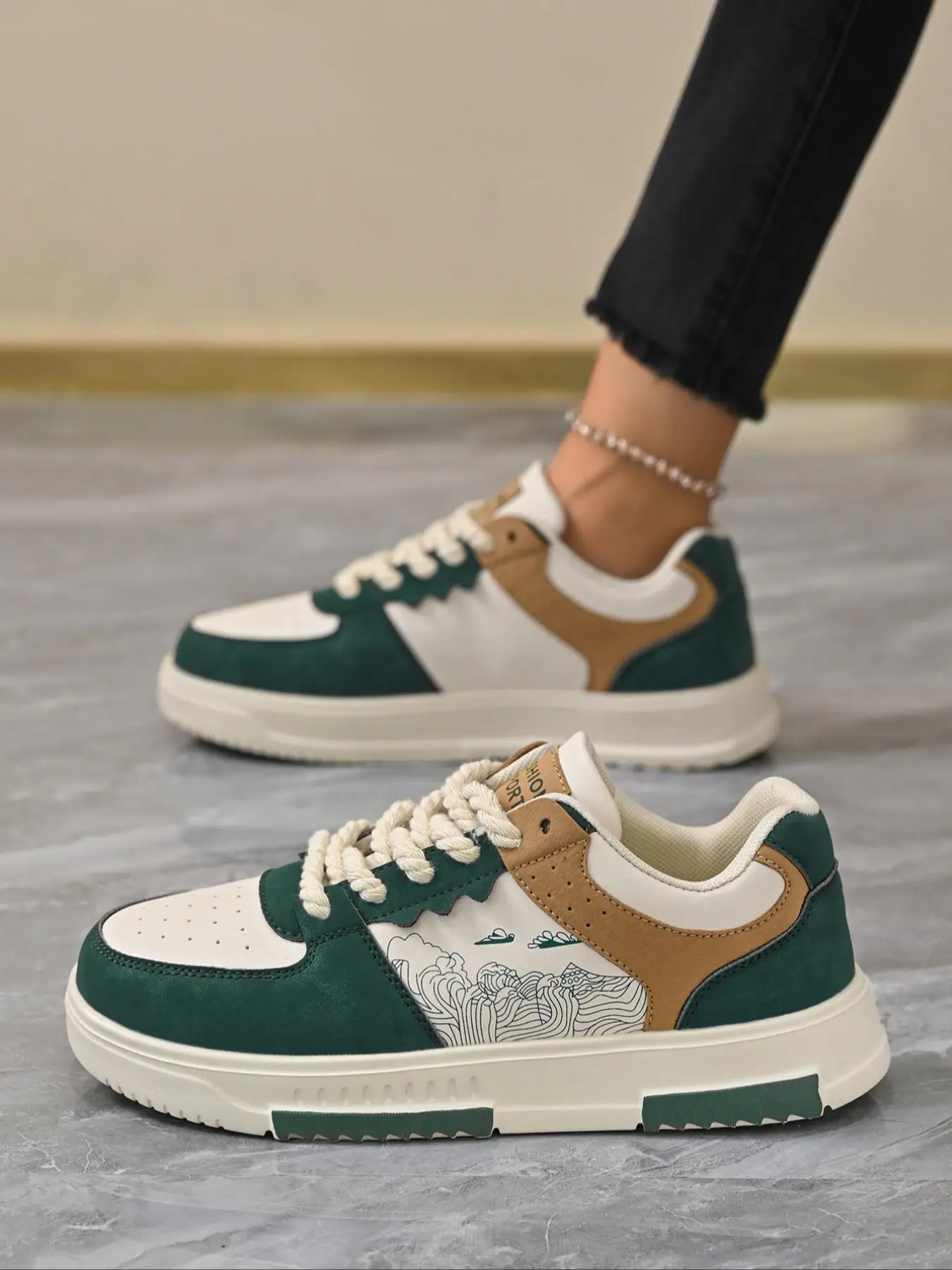 Women's Fashionable Colorblock Letter Label Design Lace Up Low Top Sneakers Shoes , Casual Comfortable Breathable Sports Running Shoes, All-match Roun