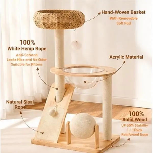 Modern Wooden Frame Cat Tree Tower - 96cm Tall Single Unit Freestanding Kitten Clawing Post with Stable Structure, Sisal Scratching Posts, Hammock Perch Bed, Interactive Hanging Ball Toy, 60x40cm Base