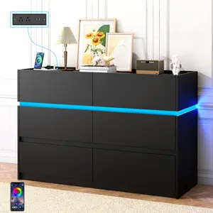 6 Drawer Dresser with Charging Station and LED Lights - Wide Double Chest of Drawers Organizer, Modern TV Stand Drawer Storage Cabinets for Bedroom, Living Room, Entryway, Hallway