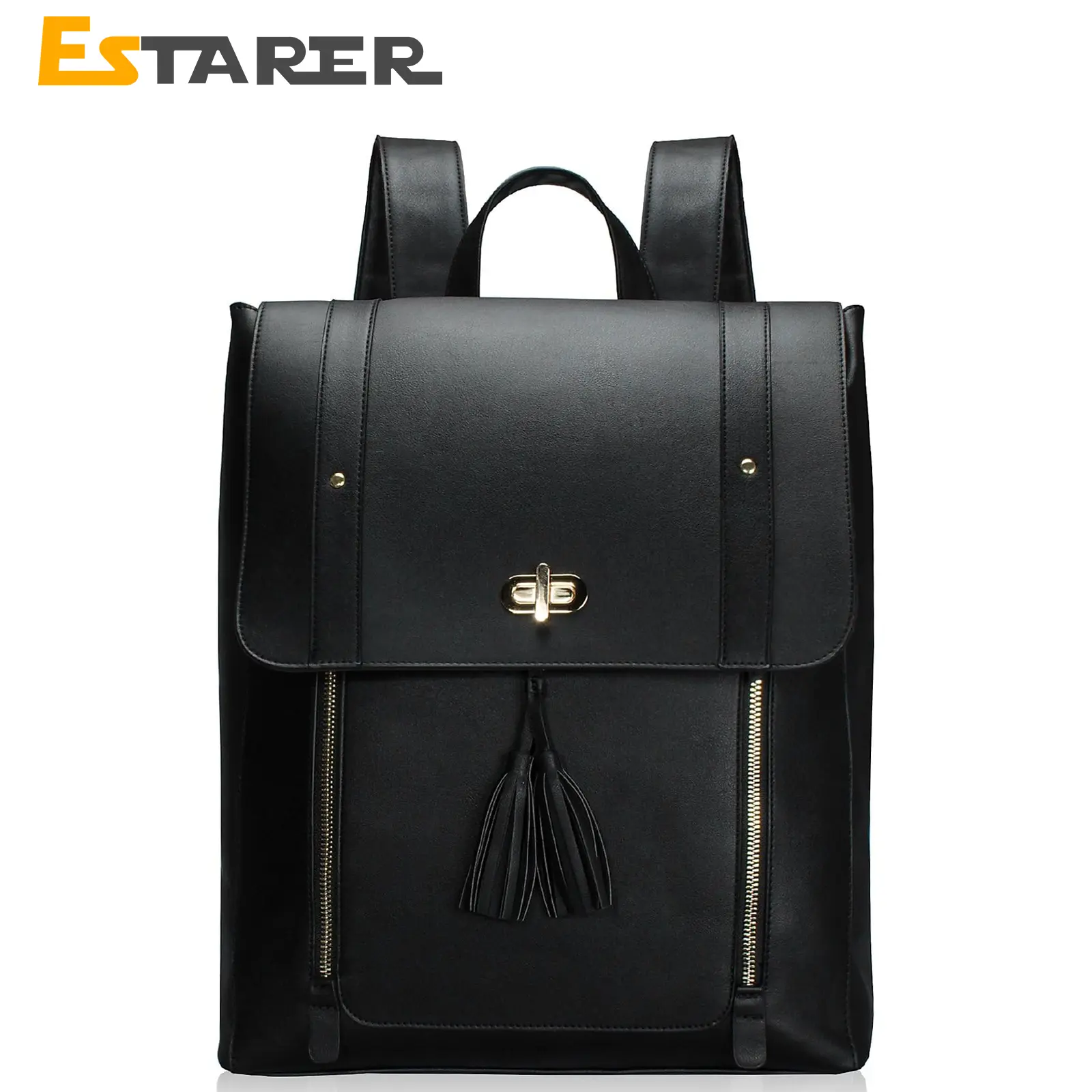 ESTARER Upgraded Version Women PU Leather Backpack 15.6 Inch Laptop Backpack Vintage College Rucksack Bag (Black)