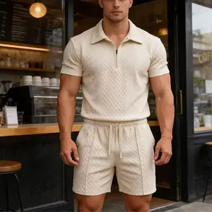 Men’s two-piece set featuring a diamond-knit half-zip polo shirt and drawstring shorts, made from 100% cotton. A TikTok trend for 2025, it offers a loose oversized fit in an urban street-casual style—ideal as summer loungewear at home., Fashion, Clothes,