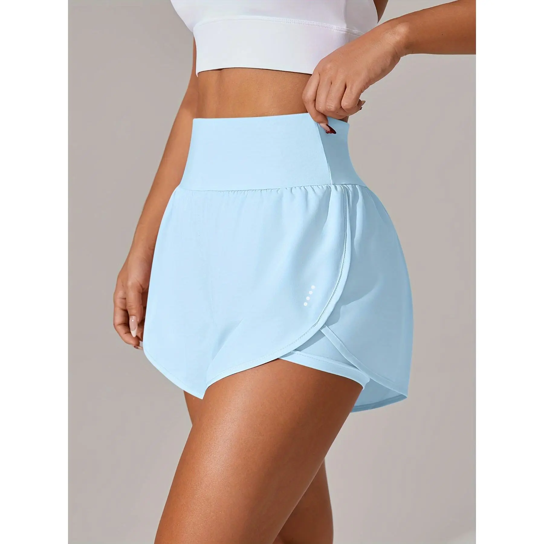 [Yoga Activewear]funyh Women's Light Blue Yoga Shorts - Casual & Loose-Fit, High-Waisted with Ruffle Detail, Stretchy Polyester-Elastane Blend, Machine Washable, Perfect for Spring/Summer/Fall
