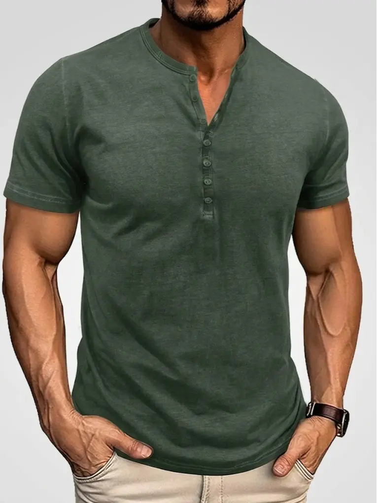 PHEFEE Men's Vintage Classic Minimalist Plain Henley T-Shirt - Solid Color Garment-Dyed Cotton Short-Sleeve Relaxed-Fit Pullover Menswear Top for Summer, Tshirt, Casual, Basic Breathable Burgundy Chinos Loungewear Pajamas Round Neck Nightwear Stylish Tee