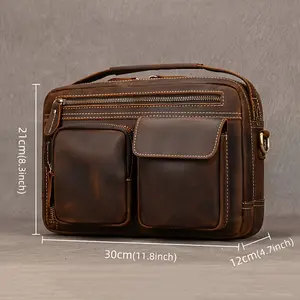 Men's Vintage Genuine Leather Shoulder Bag, Crazy Horse Leather Crossbody Tote, Casual Street Style with Adjustable Strap, Multi-Compartment Design for Going Out, Leather Purse