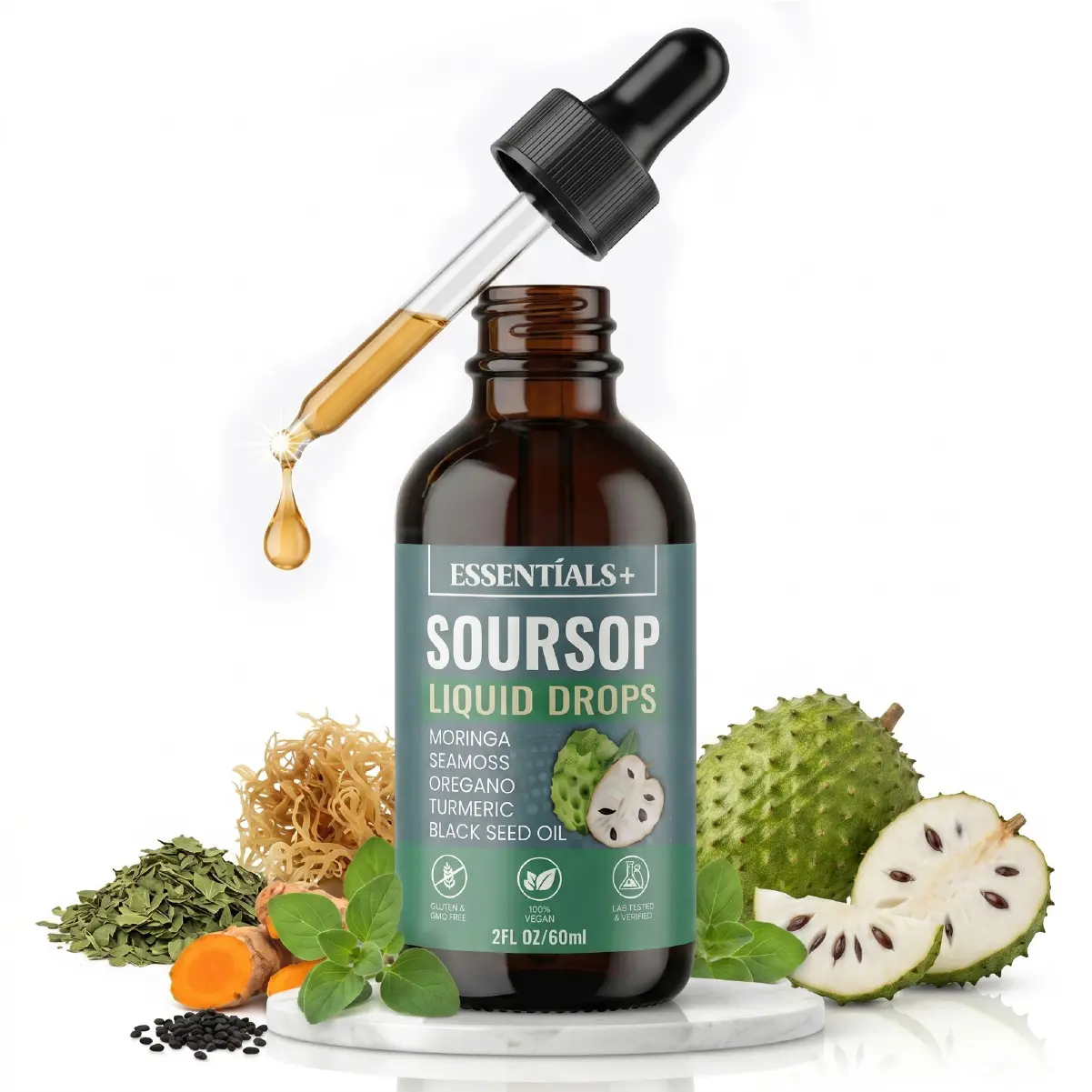 Soursop Liquid Drops 2 oz 10 in 1 Herbal Blend with Sea Moss Black Seed Oil Moringa and Turmeric Immune Support