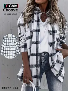 Women's Plaid Print Button Front Drop Shoulder Shirt Blouses, Casual Chic Long Sleeve Collared Pocket Top Fit for Fall & Winter, Women's Clothes for Daily Wear