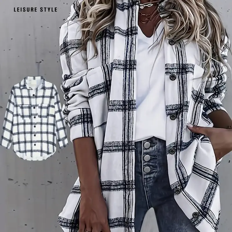 Women's Plaid Print Button Front Drop Shoulder Shirt Blouses, Casual Chic Everyday Style Long Sleeve Collared Pocket Top Fit for Fall & Winter, Women's Clothes for Daily Wear, Casual Fashion Collared, Womenswear