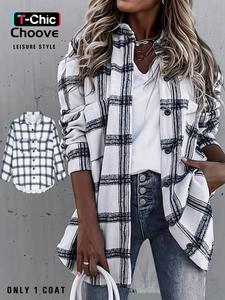 women's plaid print button front drop shoulder shirt, casual long sleeve collared pocket top for fall & winter, women's clothes for daily wear, blouse
