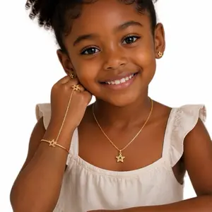 Girls Star Charm Jewelry Set – Stainless Steel Necklace Earrings Bracelet Ring Set for Kids
