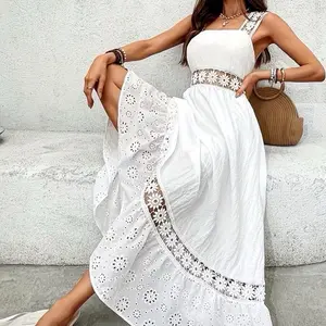 White Embroidered Maxi Dress with Belted Waist for Women