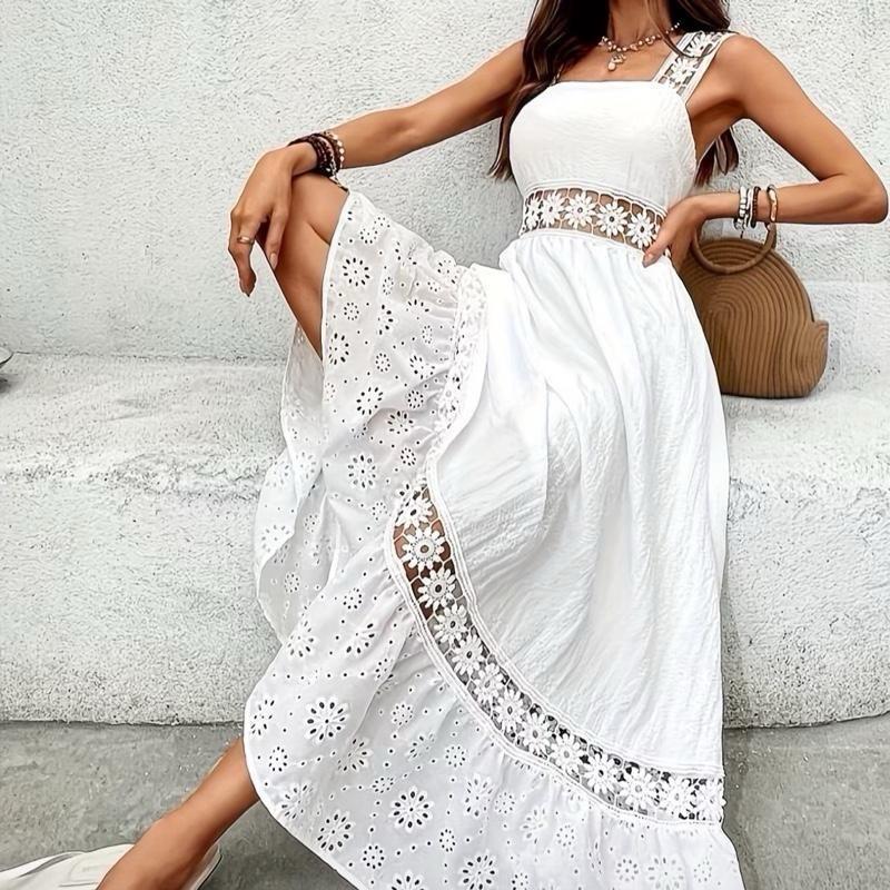 White Embroidered Maxi Dress with Belted Waist for Women