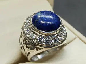 Natural Cabochon Blue Lapis Lazuli Sterling Silver 925 Handmade Women Lattice Ring
