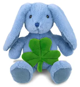 DOLLIBU 8-Inch Baby Blue Rabbit Stuffed Animal - Polyester Soft Plush Toy, Green Shamrock Accent, Personalized Kids' Gift