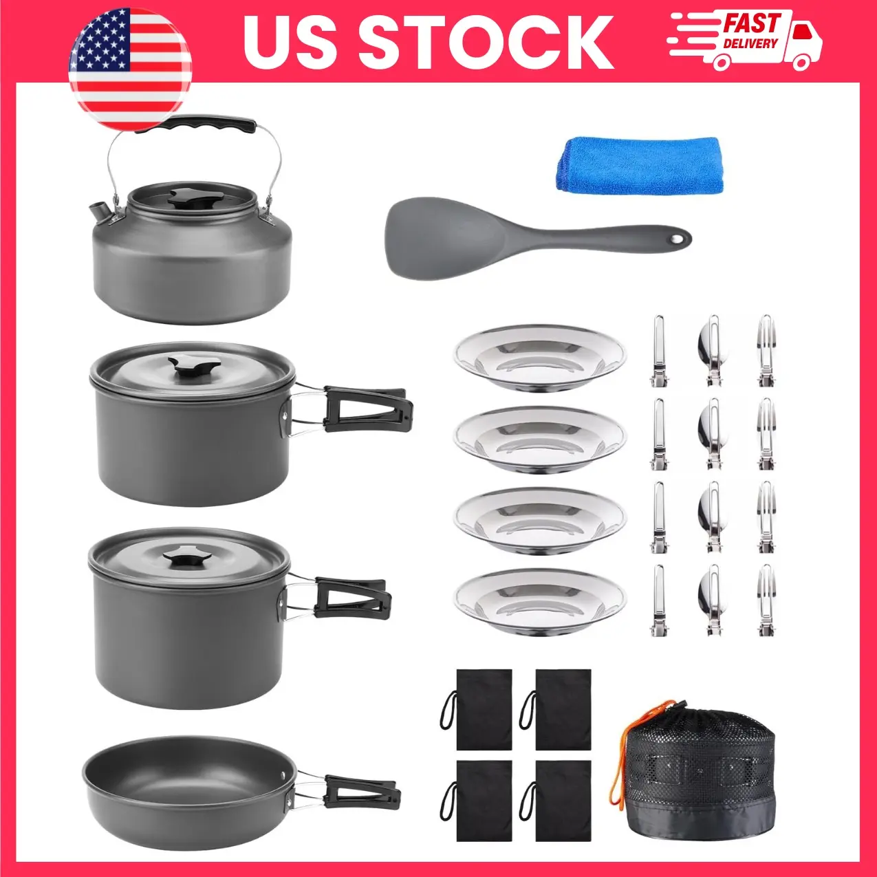 Camping Cookware Set, 27 Piece Camping Cooking Set with Kettle, Pots, Frying Pan, Stainless Steel Tableware, Portable Nesting Cookware for Backpacking, Picnic, Hiking & Outdoor Camping | outdoor cookware, camping utensils, camp mess kit, picnic cookware