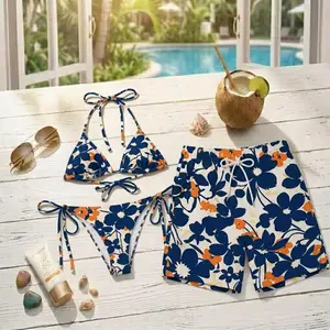 [Hot Summer 2026] - Navy Orange Floral Couple Set, Matching Bikini & Men Shorts Summer Beach Design