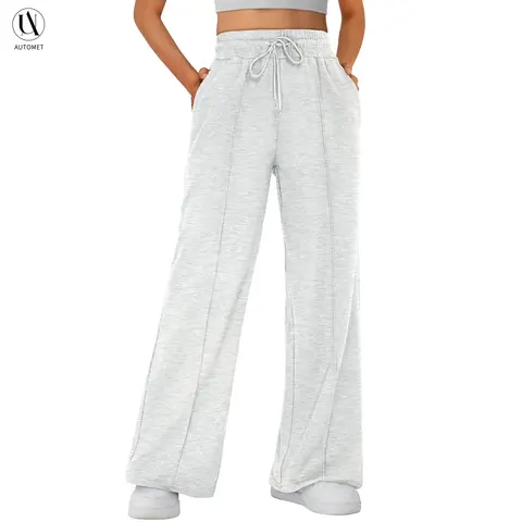 AUTOMET Women's High Waisted Wide Leg Sweatpants - Stylish Soft Cotton Blend Joggers with Pockets for Lounge and Workouts, Lady, Stylish Soft Joggers, Sweats, Basic, Drawstring Sports Pants, Street Fashion Jogger