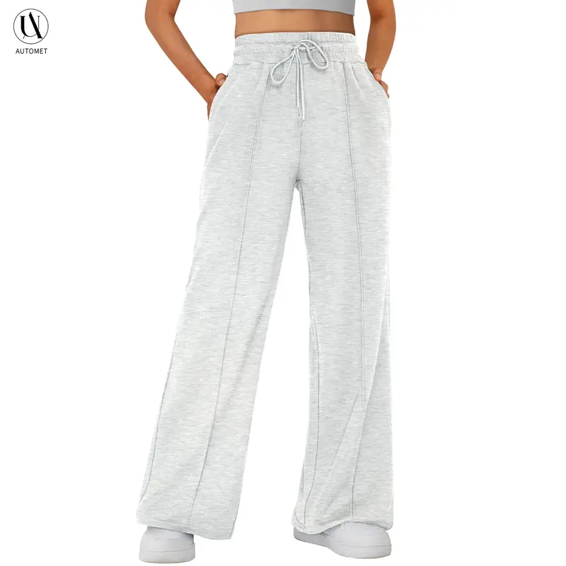 AUTOMET Women's High Waisted Wide Leg Sweatpants - Stylish Soft Cotton Blend Joggers with Pockets for Lounge and Workouts, Lady, Stylish Soft Joggers, Sweats, Basic, Drawstring Sports Pants, Street Fashion Jogger