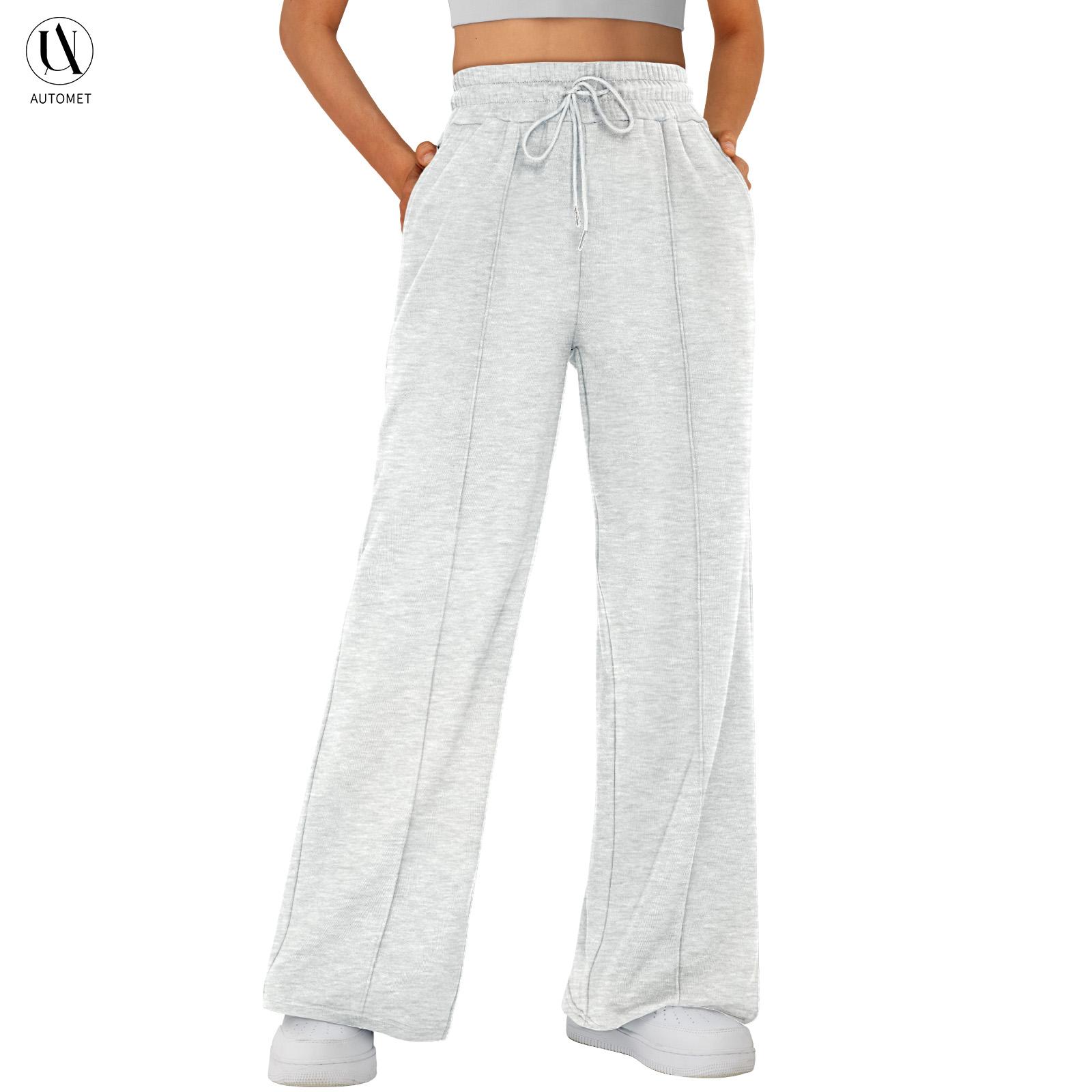 AUTOMET Women’s High-Waisted Wide Leg Cotton Blend Sweatpants - High Rise, Stylish Soft, Sporty Drawstring Straight Leg, Comfy Casual Fashion, Flowy Adjustable, Polyester Sweatpants for Women, Running & Workout, Polyester Pants