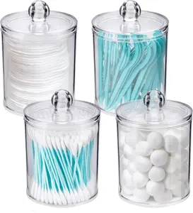 4 Pack Qtip Holder Dispenser Cotton Ball Swab Round Pads Floss Small Clear Plastic Apothecary Jar Containers with Lids for Bathroom Storage Organization Vanity Organizer