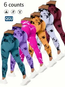 QGU 6-Pack High Waist Tummy Control Yoga Pants for Women Summer Tie Dye Fitness Leggings Stretchy Running Peach Lift Workout Tights Assorted Colors Made in America
