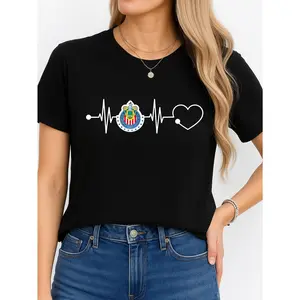 Women's Chivas Heartbeat Solid Short-Sleeve T-Shirt, Black Football Fan Wear, Soft Breathable Fabric, Casual Unisex Crew Neck Top, Comfortable Summer USA-Made Tee Suitable for All Outfits