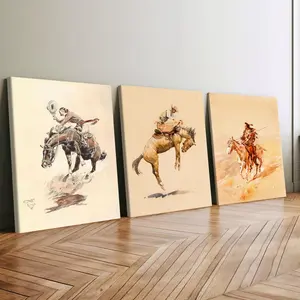 3 count wooden frame canvas, Southwestern Print Canvas, Western cowboy equestrian theme triple poster, vintage figure decoration, printed mural, suitable for living room and hallway wall art, HD, waterproof, art