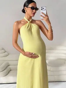 BELLAdresses Maternity Halter Solid Color Backless Tie Hollow Out Elegant Vacation Dress