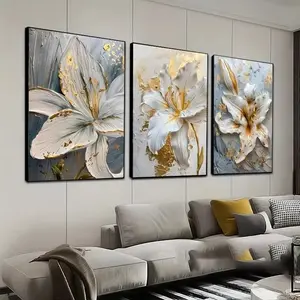 3pcs/set Frameless Fashion Gold and White Flower Canvas Posters Painting Modern Floral Paintings Abstract 3D Lily Flowers Wall Art Print for Bedroom Living Rome Modern Home Decor